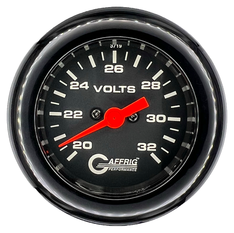 GAFFRIG 2 INCH ELECTRIC VOLTMETER GAUGE 16-32 VOLT - 270 DEGREE SWEEP BLACK / FAT RIM / BLACK