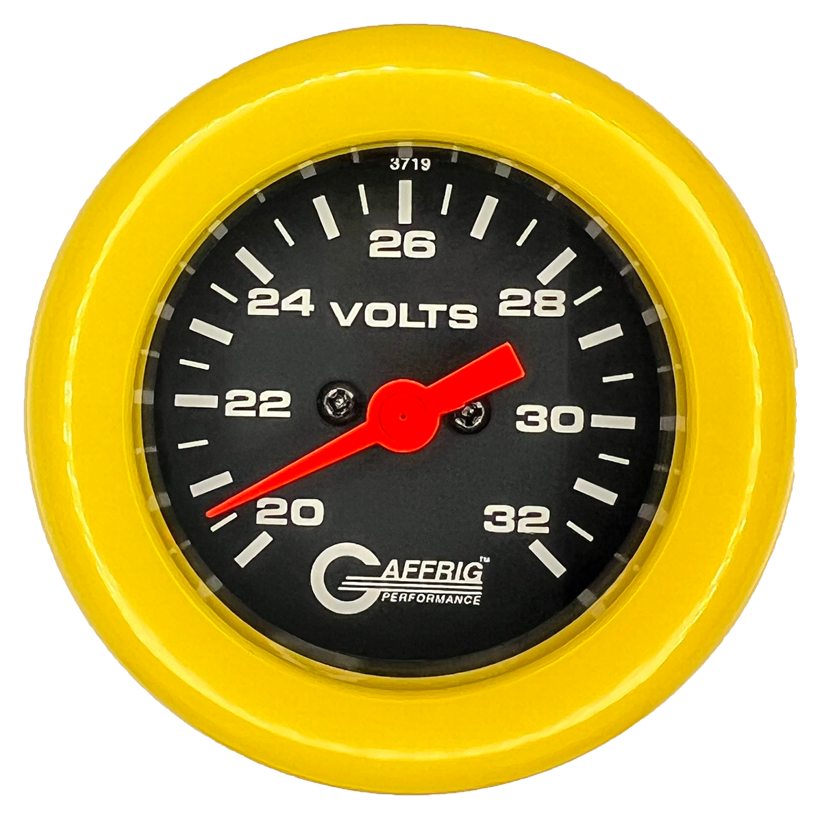 GAFFRIG 2 INCH ELECTRIC VOLTMETER GAUGE 16-32 VOLT - 270 DEGREE SWEEP BLACK / FAT RIM / YELLOW