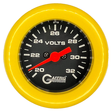 GAFFRIG 2 INCH ELECTRIC VOLTMETER GAUGE 16-32 VOLT - 270 DEGREE SWEEP BLACK / FAT RIM / YELLOW