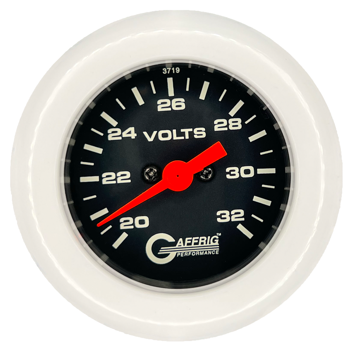 GAFFRIG 2 INCH ELECTRIC VOLTMETER GAUGE 16-32 VOLT - 270 DEGREE SWEEP BLACK / FAT RIM / WHITE