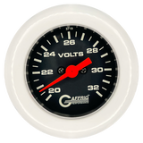 GAFFRIG 2 INCH ELECTRIC VOLTMETER GAUGE 16-32 VOLT - 270 DEGREE SWEEP BLACK / FAT RIM / WHITE