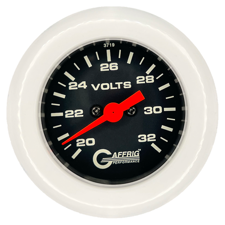 GAFFRIG 2 INCH ELECTRIC VOLTMETER GAUGE 16-32 VOLT - 270 DEGREE SWEEP BLACK / FAT RIM / WHITE