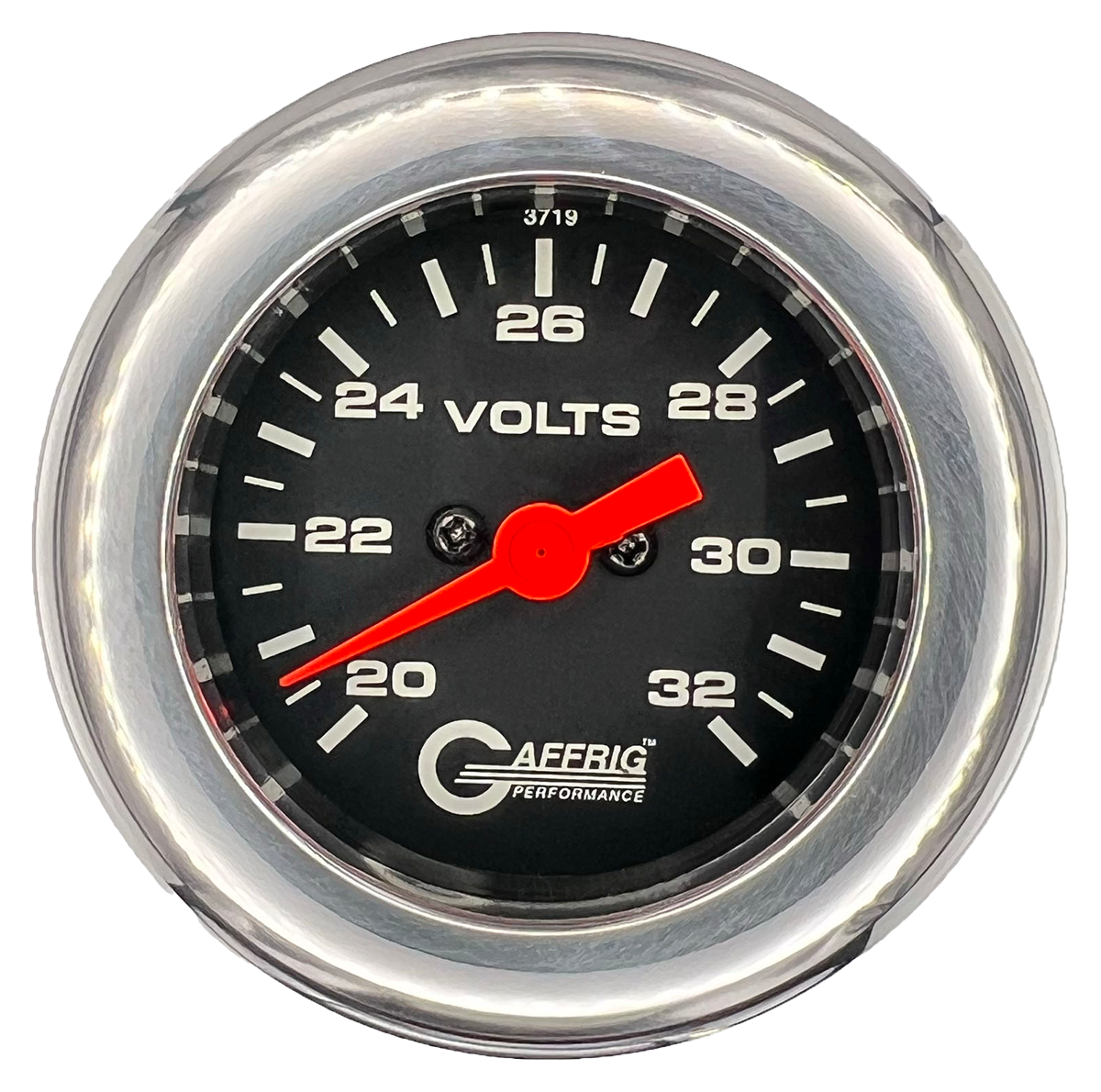 GAFFRIG 2 INCH ELECTRIC VOLTMETER GAUGE 16-32 VOLT - 270 DEGREE SWEEP BLACK / FAT RIM / CHROME