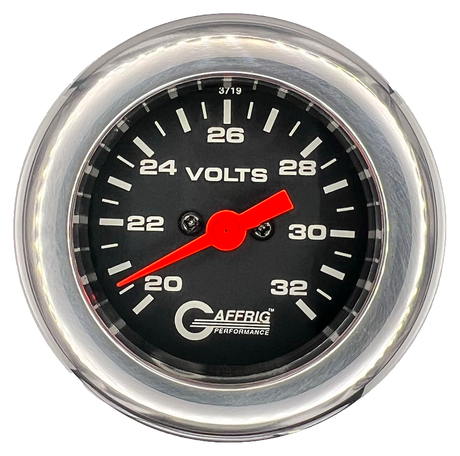 GAFFRIG 2 INCH ELECTRIC VOLTMETER GAUGE 16-32 VOLT - 270 DEGREE SWEEP BLACK / FAT RIM / CHROME