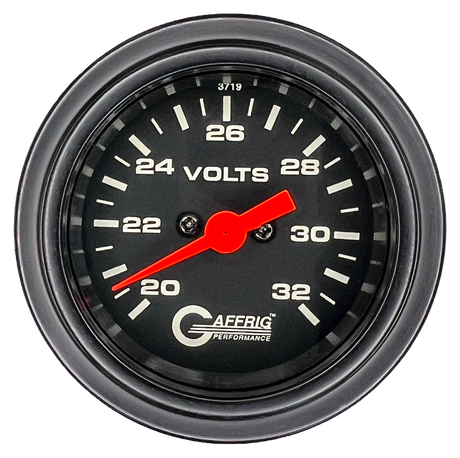 GAFFRIG 2 INCH ELECTRIC VOLTMETER GAUGE 16-32 VOLT - 270 DEGREE SWEEP BLACK / STEP RIM / BLACK