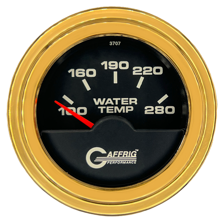 GAFFRIG 2 INCH ELECTRIC HIGH WATER TEMP 100-20 F GAUGE STEP RIM (002) / GOLD / BLACK