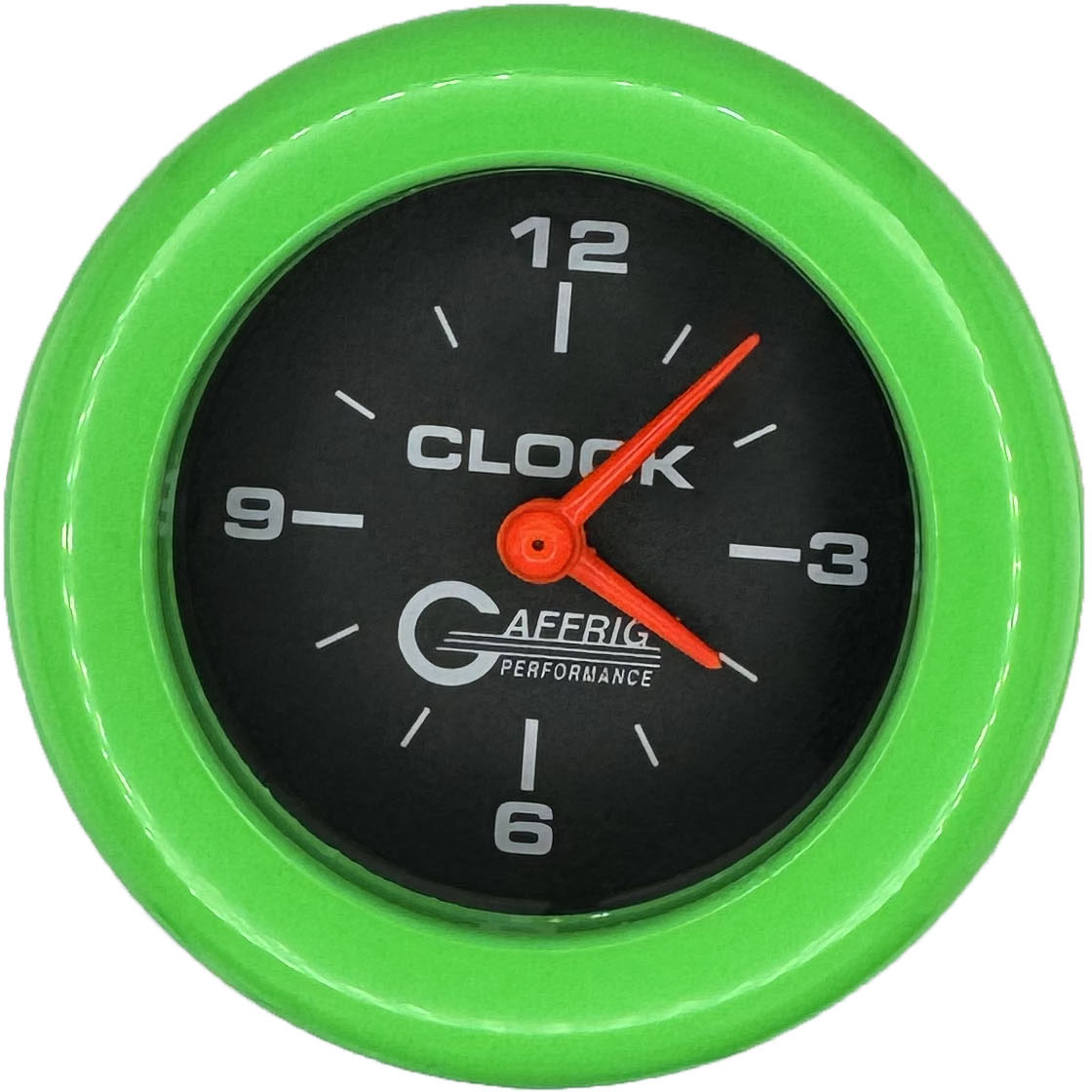 GAFFRIG 2 INCH ELECTRIC CLOCK GAUGE FAT RIM (218) / LIME GREEN / BLACK