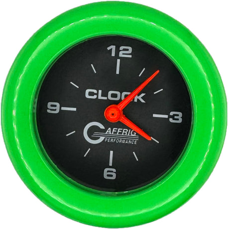 GAFFRIG 2 INCH ELECTRIC CLOCK GAUGE FAT RIM (218) / LIME GREEN / BLACK