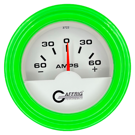 GAFFRIG 2 INCH ELECTRIC AMMETER GAUGE -60/+60 AMP STEP RIM (002) / LIME GREEN / WHITE