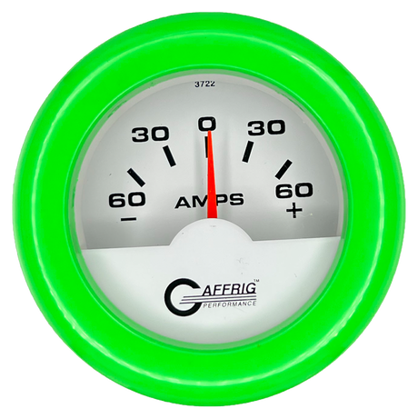 GAFFRIG 2 INCH ELECTRIC AMMETER GAUGE -60/+60 AMP FAT RIM (218) / LIME GREEN / WHITE