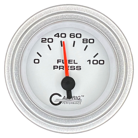 GAFFRIG 2 INCH ELECTRIC FUEL PRESSURE GAUGE 0-100 PSI STEP RIM (002) / PLATINUM / WHITE