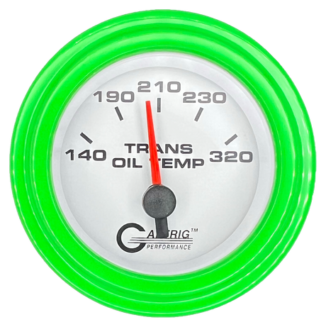 GAFFRIG 2 INCH ELECTRIC TRANSMISSION TEMP GAUGE 140-320 F STEP RIM (002) / LIME GREEN / WHITE