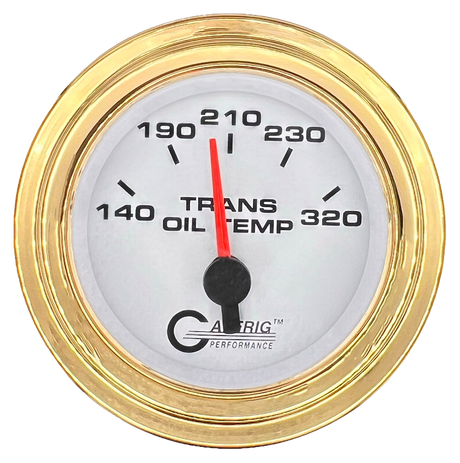 GAFFRIG 2 INCH ELECTRIC TRANSMISSION TEMP GAUGE 140-320 F STEP RIM (002) / GOLD / WHITE