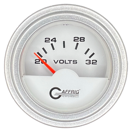 GAFFRIG 2 INCH ELECTRIC VOLTMETER 16-32 VOLT GAUGE STEP RIM (002) / PLATINUM / WHITE