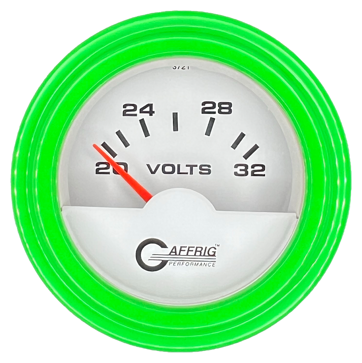 GAFFRIG 2 INCH ELECTRIC VOLTMETER 16-32 VOLT GAUGE STEP RIM (002) / LIME GREEN / WHITE