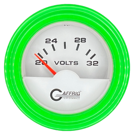 GAFFRIG 2 INCH ELECTRIC VOLTMETER 16-32 VOLT GAUGE STEP RIM (002) / LIME GREEN / WHITE