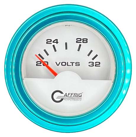 GAFFRIG 2 INCH ELECTRIC VOLTMETER 16-32 VOLT GAUGE STEP RIM (002) / TEAL / WHITE