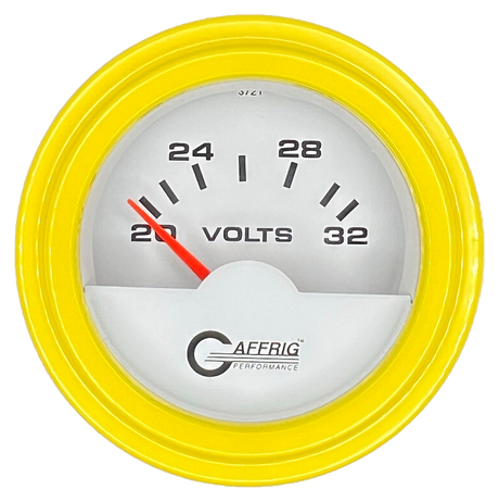 GAFFRIG 2 INCH ELECTRIC VOLTMETER 16-32 VOLT GAUGE STEP RIM (002) / YELLOW / WHITE