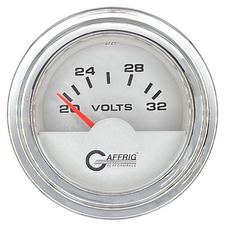 GAFFRIG 2 INCH ELECTRIC VOLTMETER 16-32 VOLT GAUGE STEP RIM (002) / CHROME/POLISHED / WHITE