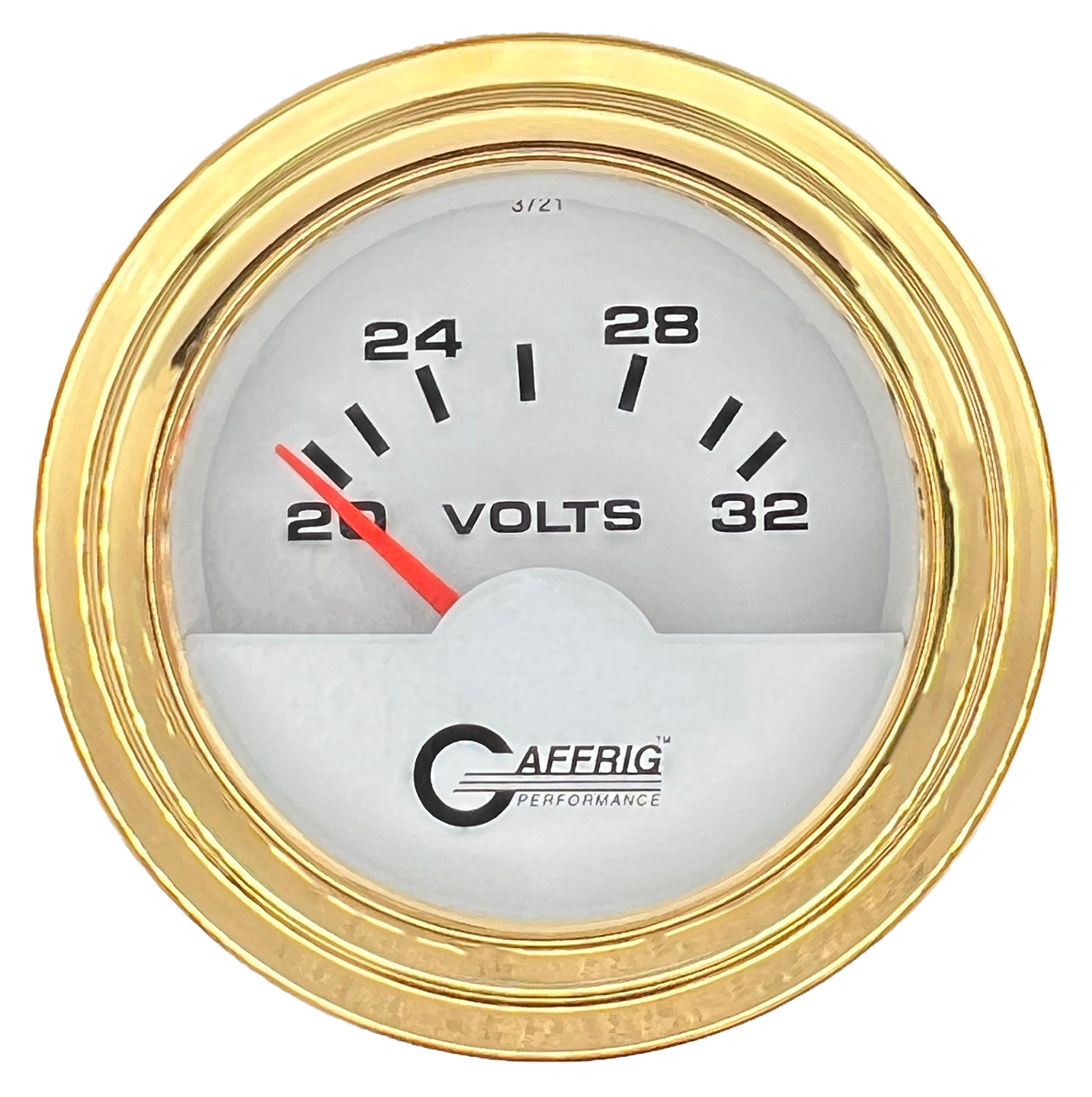 GAFFRIG 2 INCH ELECTRIC VOLTMETER 16-32 VOLT GAUGE STEP RIM (002) / GOLD / WHITE