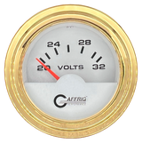 GAFFRIG 2 INCH ELECTRIC VOLTMETER 16-32 VOLT GAUGE STEP RIM (002) / GOLD / WHITE