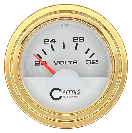 GAFFRIG 2 INCH ELECTRIC VOLTMETER 16-32 VOLT GAUGE STEP RIM (002) / GOLD / WHITE