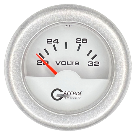 GAFFRIG 2 INCH ELECTRIC VOLTMETER 16-32 VOLT GAUGE FAT RIM (218) / PLATINUM / WHITE