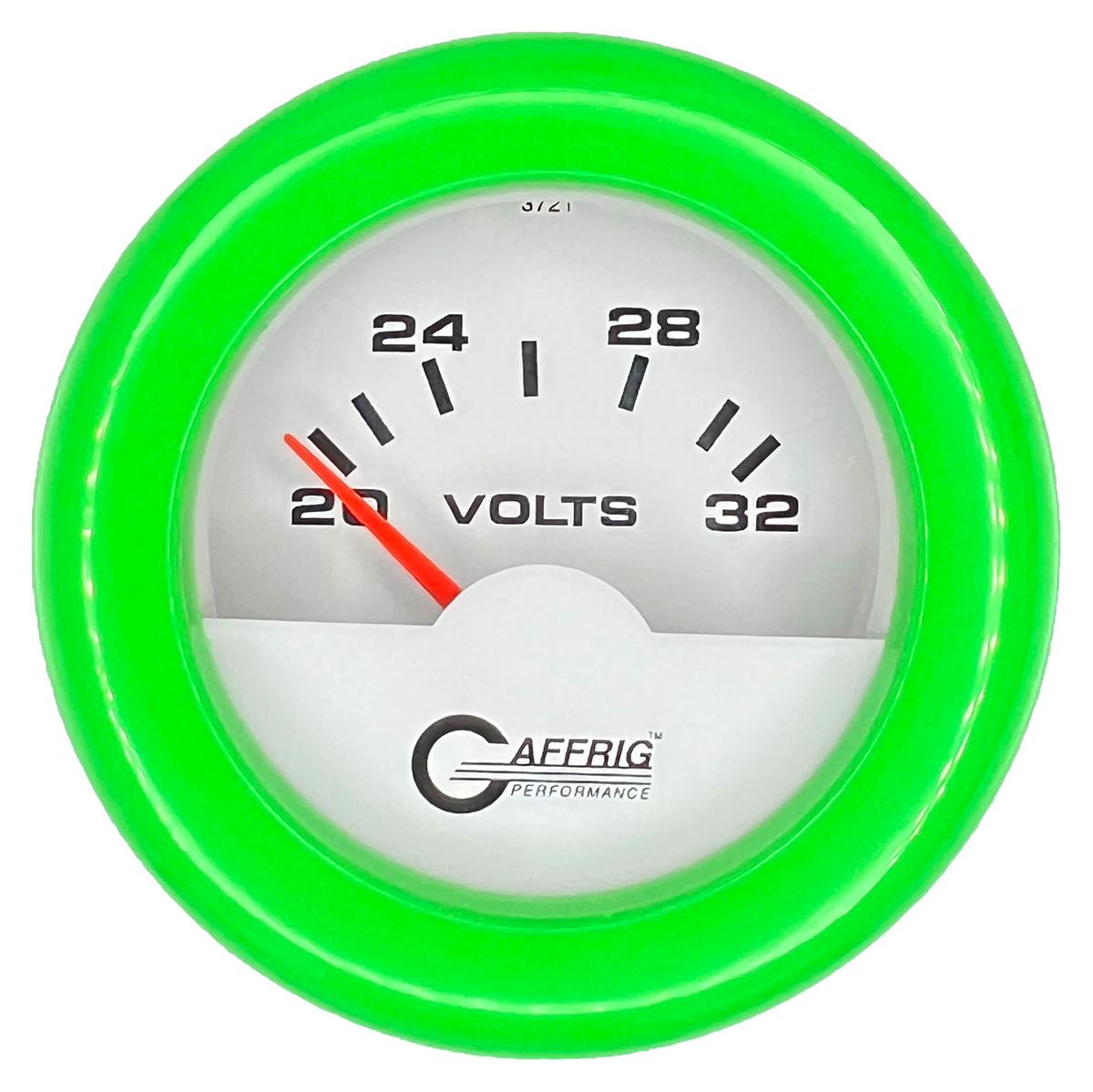 GAFFRIG 2 INCH ELECTRIC VOLTMETER 16-32 VOLT GAUGE FAT RIM (218) / LIME GREEN / WHITE