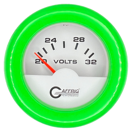 GAFFRIG 2 INCH ELECTRIC VOLTMETER 16-32 VOLT GAUGE FAT RIM (218) / LIME GREEN / WHITE