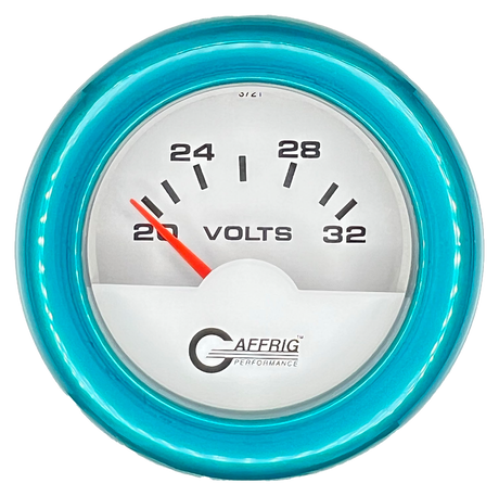 GAFFRIG 2 INCH ELECTRIC VOLTMETER 16-32 VOLT GAUGE FAT RIM (218) / TEAL / WHITE