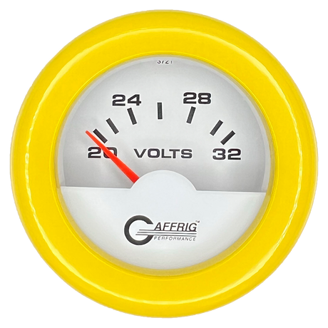 GAFFRIG 2 INCH ELECTRIC VOLTMETER 16-32 VOLT GAUGE FAT RIM (218) / YELLOW / WHITE