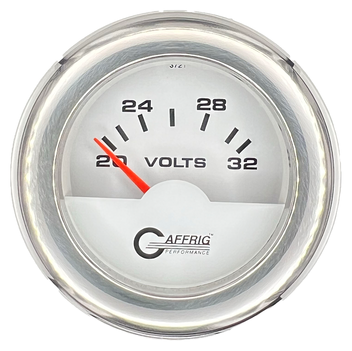 GAFFRIG 2 INCH ELECTRIC VOLTMETER 16-32 VOLT GAUGE FAT RIM (218) / CHROME/POLISHED / WHITE