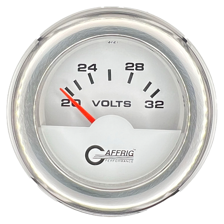 GAFFRIG 2 INCH ELECTRIC VOLTMETER 16-32 VOLT GAUGE FAT RIM (218) / CHROME/POLISHED / WHITE