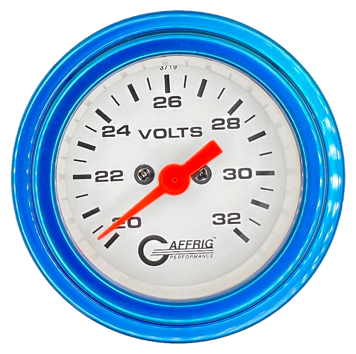 GAFFRIG 2 INCH ELECTRIC VOLTMETER GAUGE 16-32 VOLT - 270 DEGREE SWEEP WHITE / STEP RIM / BLUE