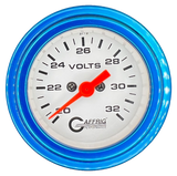 GAFFRIG 2 INCH ELECTRIC VOLTMETER GAUGE 16-32 VOLT - 270 DEGREE SWEEP WHITE / STEP RIM / BLUE