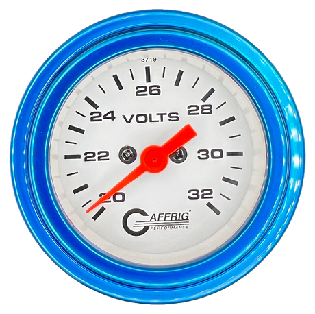 GAFFRIG 2 INCH ELECTRIC VOLTMETER GAUGE 16-32 VOLT - 270 DEGREE SWEEP WHITE / STEP RIM / BLUE