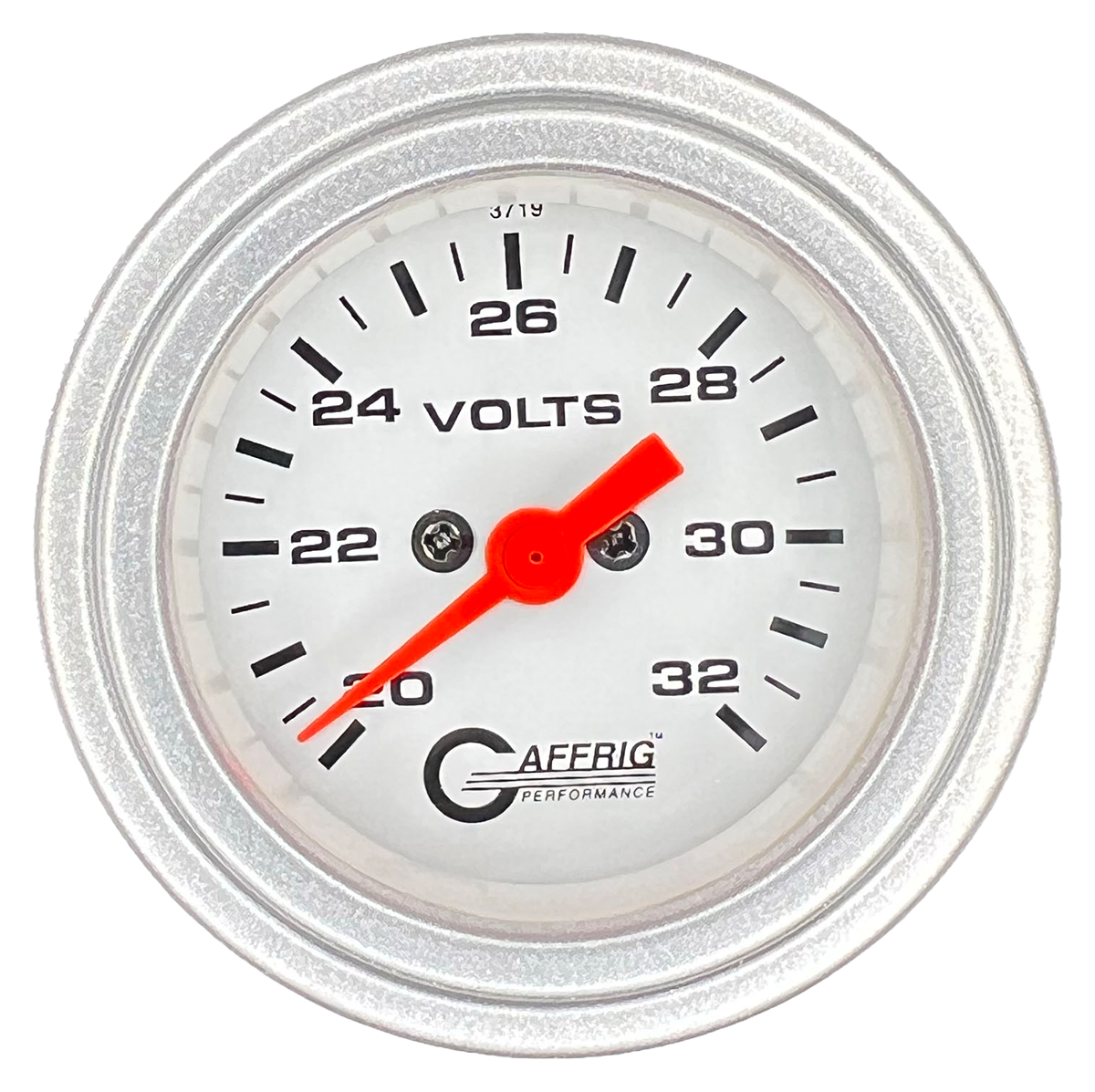 GAFFRIG 2 INCH ELECTRIC VOLTMETER GAUGE 16-32 VOLT - 270 DEGREE SWEEP WHITE / STEP RIM / PLATINUM