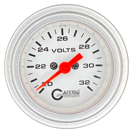 GAFFRIG 2 INCH ELECTRIC VOLTMETER GAUGE 16-32 VOLT - 270 DEGREE SWEEP WHITE / STEP RIM / PLATINUM