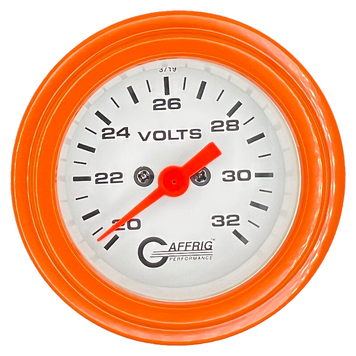 GAFFRIG 2 INCH ELECTRIC VOLTMETER GAUGE 16-32 VOLT - 270 DEGREE SWEEP WHITE / STEP RIM / ORANGE