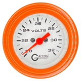 GAFFRIG 2 INCH ELECTRIC VOLTMETER GAUGE 16-32 VOLT - 270 DEGREE SWEEP WHITE / STEP RIM / ORANGE