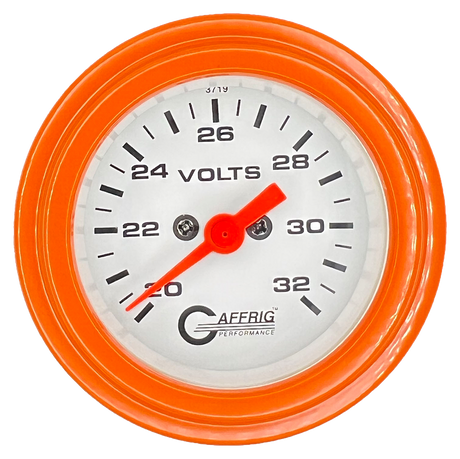 GAFFRIG 2 INCH ELECTRIC VOLTMETER GAUGE 16-32 VOLT - 270 DEGREE SWEEP WHITE / STEP RIM / ORANGE