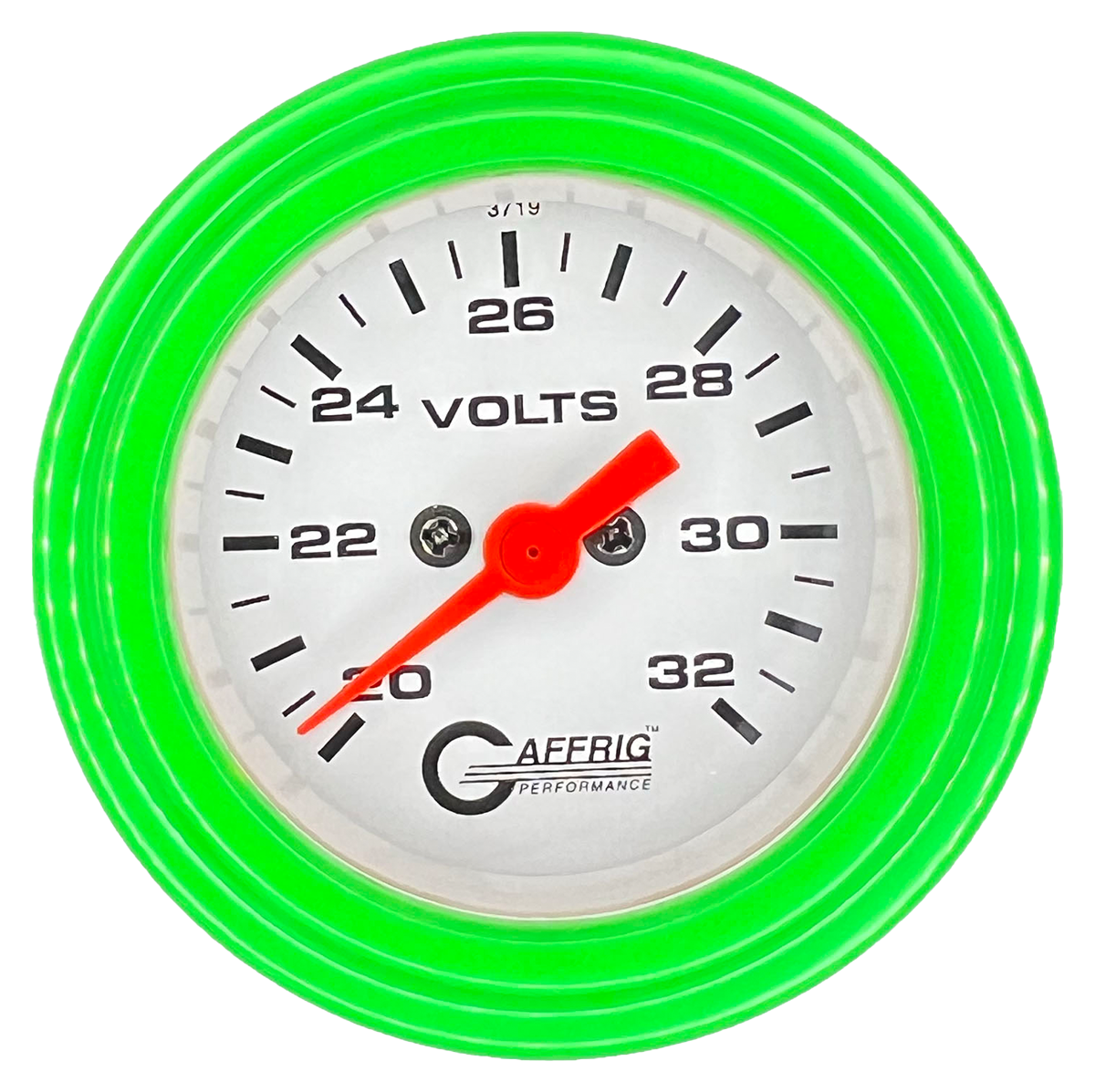 GAFFRIG 2 INCH ELECTRIC VOLTMETER GAUGE 16-32 VOLT - 270 DEGREE SWEEP WHITE / STEP RIM / LIME GREEN