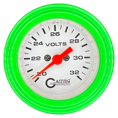 GAFFRIG 2 INCH ELECTRIC VOLTMETER GAUGE 16-32 VOLT - 270 DEGREE SWEEP WHITE / STEP RIM / LIME GREEN