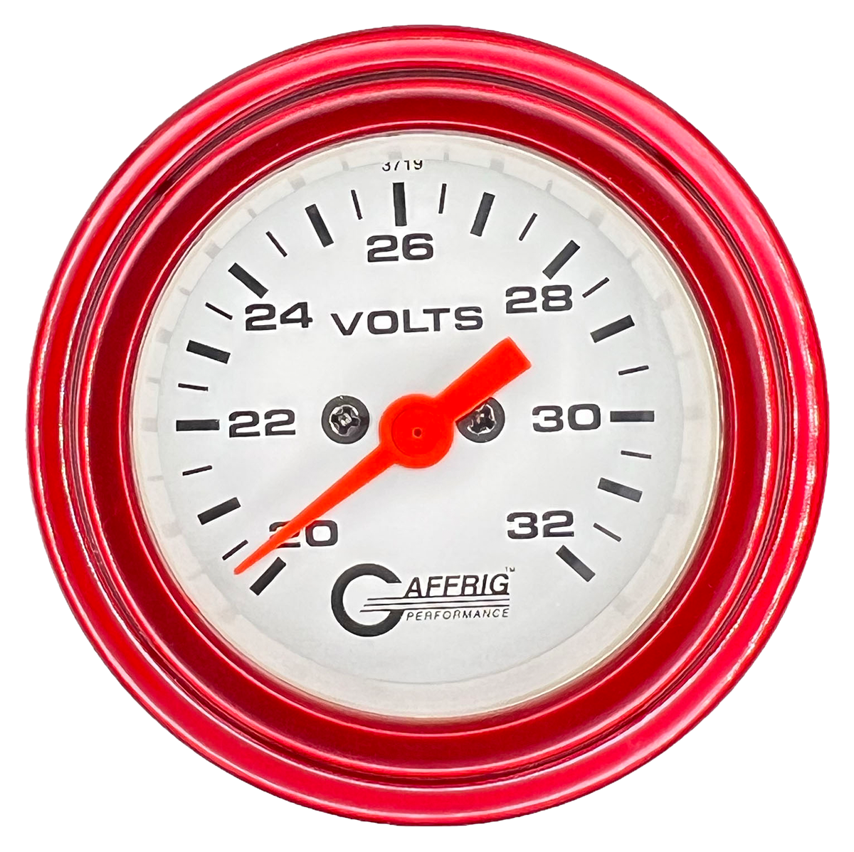 GAFFRIG 2 INCH ELECTRIC VOLTMETER GAUGE 16-32 VOLT - 270 DEGREE SWEEP WHITE / STEP RIM / RED