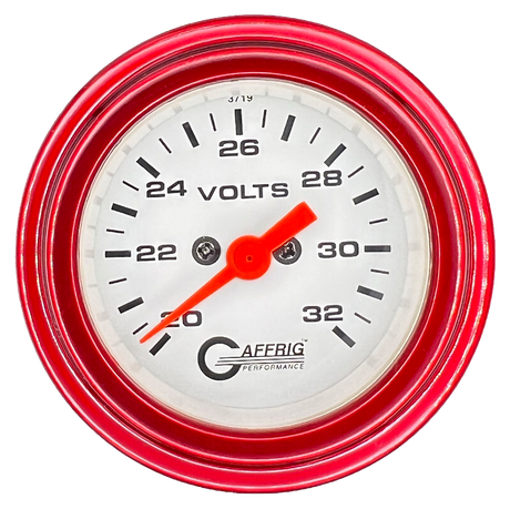 GAFFRIG 2 INCH ELECTRIC VOLTMETER GAUGE 16-32 VOLT - 270 DEGREE SWEEP WHITE / STEP RIM / RED