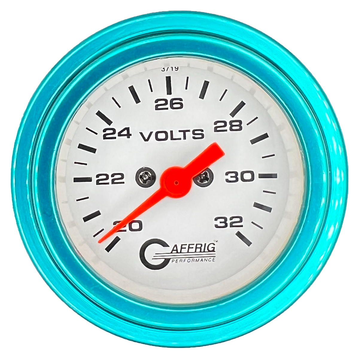 GAFFRIG 2 INCH ELECTRIC VOLTMETER GAUGE 16-32 VOLT - 270 DEGREE SWEEP WHITE / STEP RIM / TEAL