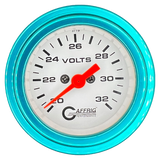 GAFFRIG 2 INCH ELECTRIC VOLTMETER GAUGE 16-32 VOLT - 270 DEGREE SWEEP WHITE / STEP RIM / TEAL