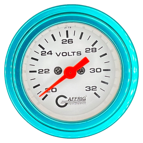 GAFFRIG 2 INCH ELECTRIC VOLTMETER GAUGE 16-32 VOLT - 270 DEGREE SWEEP WHITE / STEP RIM / TEAL