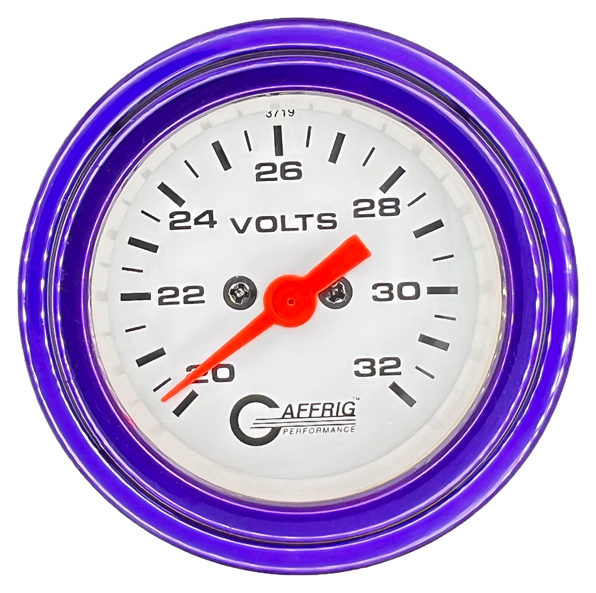 GAFFRIG 2 INCH ELECTRIC VOLTMETER GAUGE 16-32 VOLT - 270 DEGREE SWEEP WHITE / STEP RIM / PURPLE