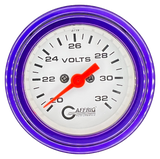 GAFFRIG 2 INCH ELECTRIC VOLTMETER GAUGE 16-32 VOLT - 270 DEGREE SWEEP WHITE / STEP RIM / PURPLE